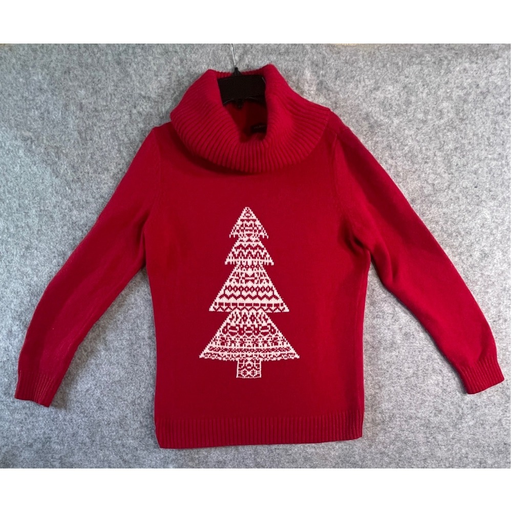 Talbots Womens Red Christmas Tree Cowl Neck Sweater Fair Isle Holiday Small